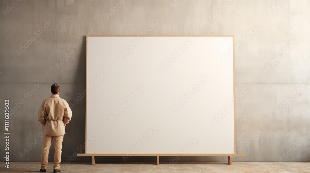 A Person Standing Before a Large Blank Canvas in a Minimalist Modern Space, Contemplating Creativity and Inspiration in Art and Design A Person Standing Before a Large Blank Canvas in a Minimalist Modern Space, Contemplating Creativity and Inspiration in Art and Design
