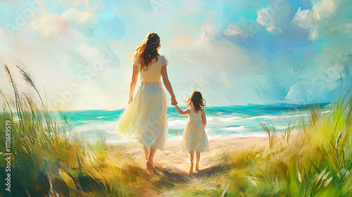 A woman and a child hold hands, walking towards the ocean on a sunny day, surrounded by tall grass and a vibrant sky, evoking a sense of peace and connection with nature.