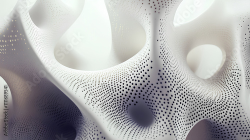 An abstract, organic structure with smooth, flowing surfaces and perforated patterns, resembling a porous, three-dimensional sculpture with a complex texture.