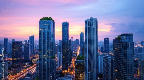 Modern skyscrapers at sunset with vibrant city lights and dramatic sky.