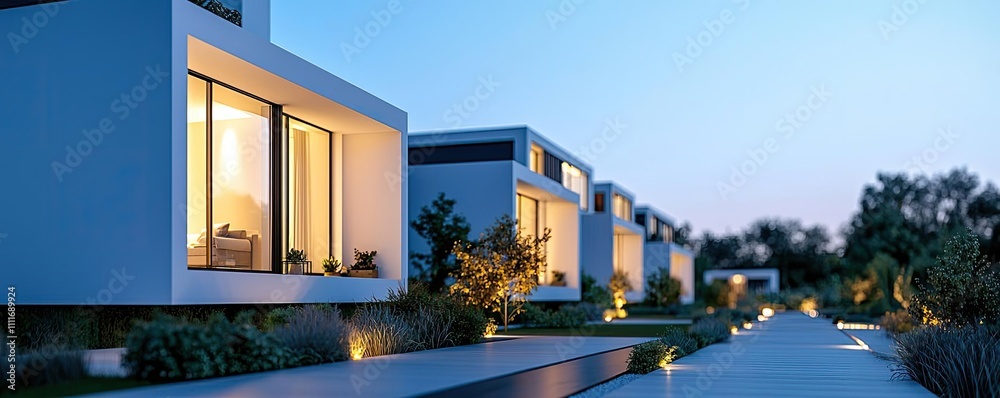 Modern homes with large windows illuminated at dusk, surrounded by lush greenery. Modern homes with large windows illuminated at dusk, surrounded by lush greenery.