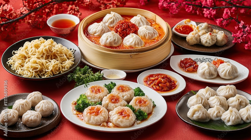 Delicious assortment of Chinese dumplings, noodles, and sauces on a red background. Delicious assortment of Chinese dumplings, noodles, and sauces on a red background.