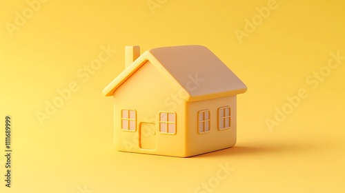 A 3D rendering of a small house on a yellow background.