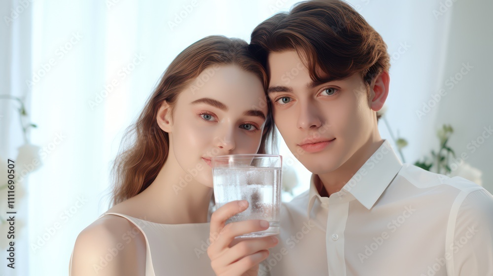 Young couple drinking clear water from a glass, promoting hydration and a healthy lifestyle. Young couple drinking clear water from a glass, promoting hydration and a healthy lifestyle.