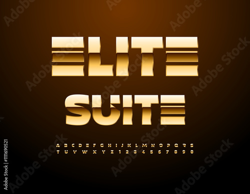 Vector digital icon Elite Suite.. Futuristic style Font. Set of Golden Alphabet Letters and Numbers set