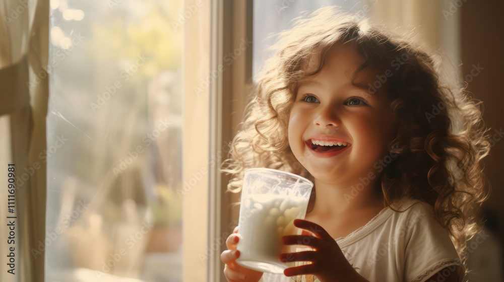 Joyful Child Holding Glass of Milk by Window with Sunlight Pouring In, Innocent Smile Captured in a Cozy Indoor Setting Joyful Child Holding Glass of Milk by Window with Sunlight Pouring In, Innocent Smile Captured in a Cozy Indoor Setting