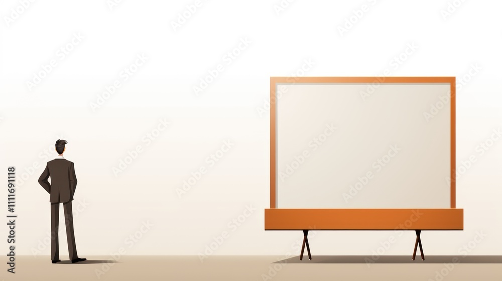 Businessman Standing Before a Large Blank Canvas in a Modern Setting, Contemplating Creative Ideas and Future Opportunities for Graphic Presentation and Innovation Businessman Standing Before a Large Blank Canvas in a Modern Setting, Contemplating Creative Ideas and Future Opportunities for Graphic Presentation and Innovation