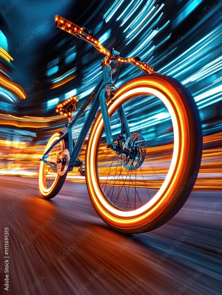 Fototapeta premium Futuristic Bicycle with Glowing Wheels in Motion on a Vibrant City Street at Night