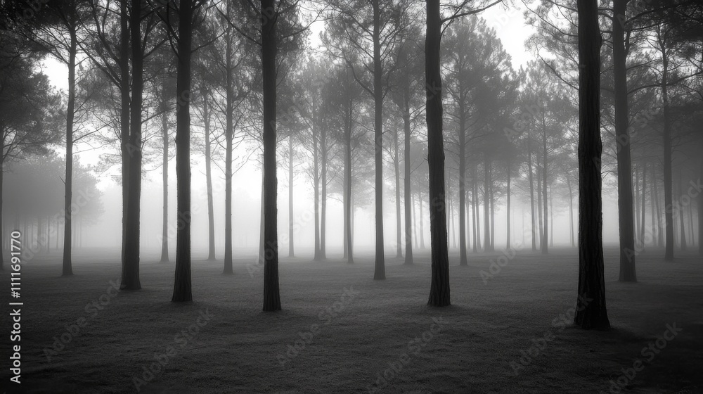 Fototapeta premium Silhouetted Tree Trunks in a Foggy Forest