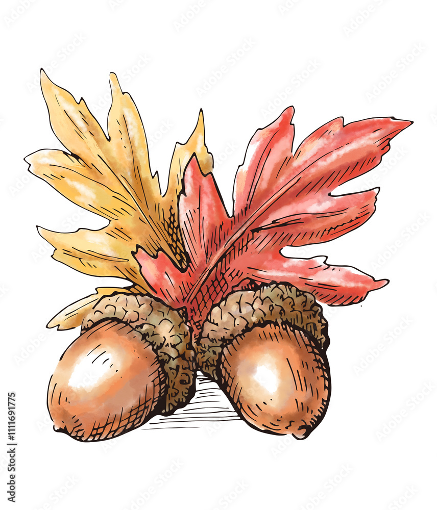 秋のドングリと紅葉 水彩画 装飾用のイラスト