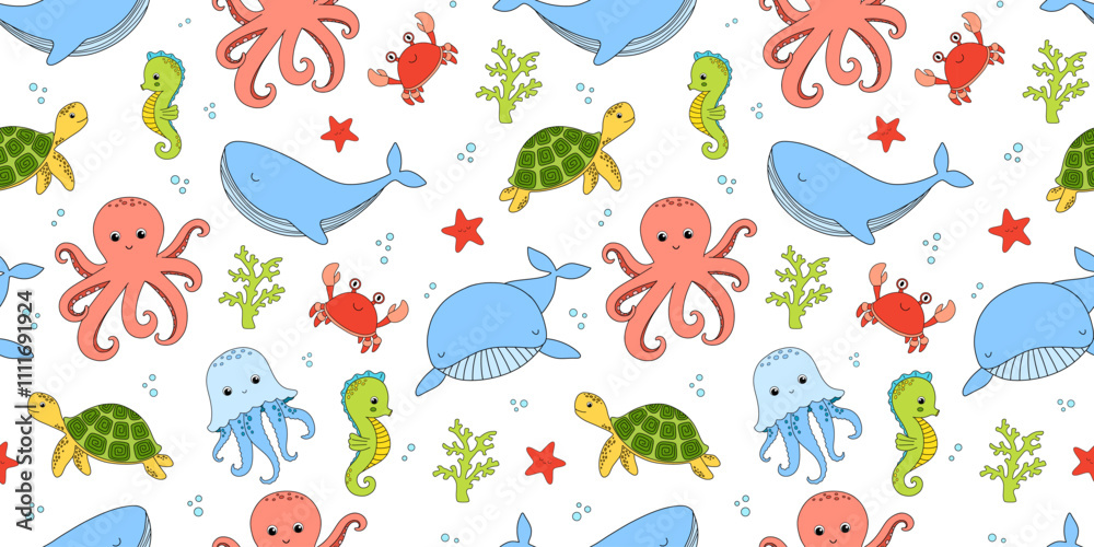 Fototapeta premium Baby seamless pattern with cute sea crab, whale and turtle on white background for textiles or fabric for newborns