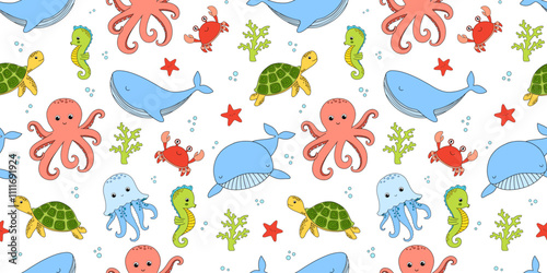Baby seamless pattern with cute sea crab, whale and turtle on white background for textiles or fabric for newborns