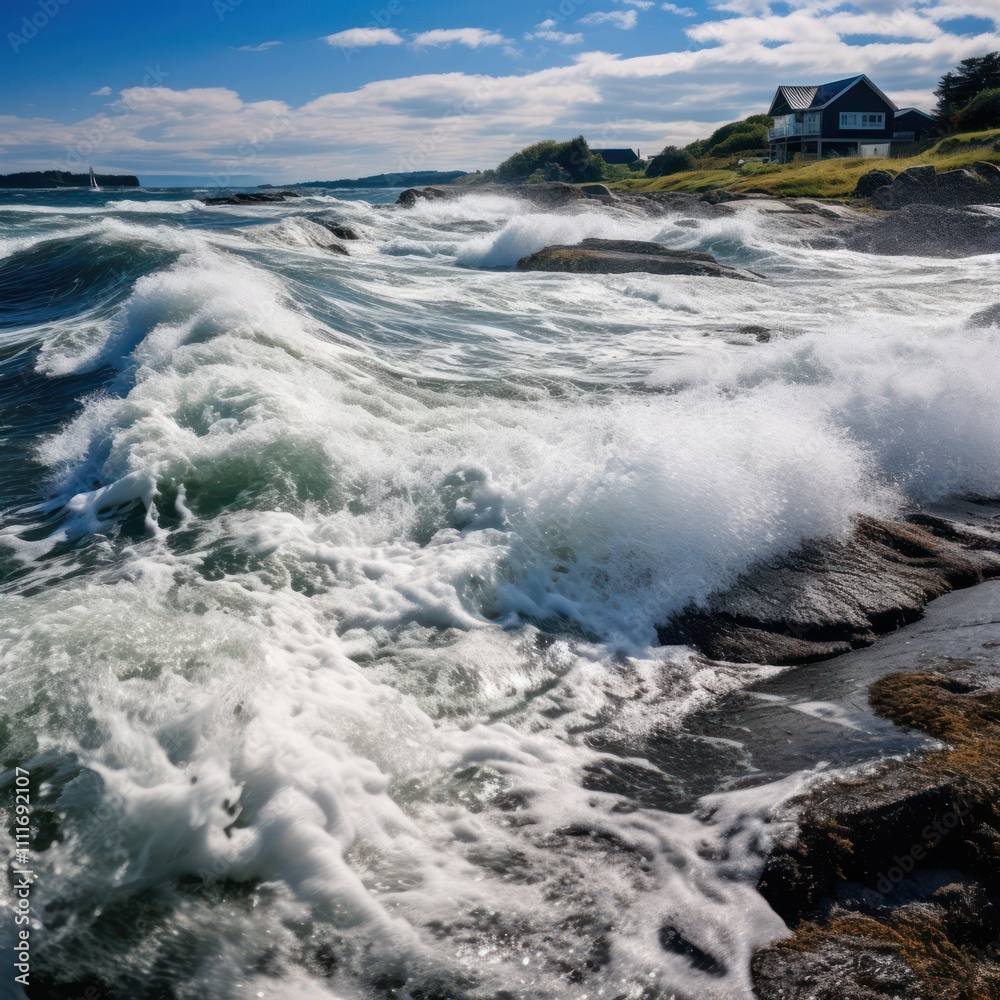 Beautiful Coastal Scene with Waves Crashing on Rocky Shoreline and Scenic House, Under a Clear Blue Sky with Fluffy Clouds Beautiful Coastal Scene with Waves Crashing on Rocky Shoreline and Scenic House, Under a Clear Blue Sky with Fluffy Clouds
