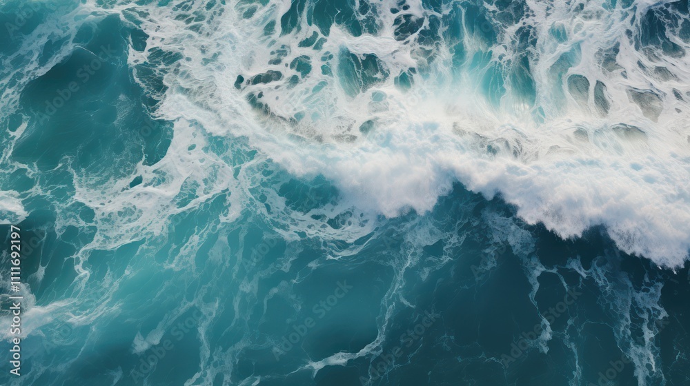 Fototapeta premium Aerial View of Turquoise Ocean Waves Crashing Against the Shoreline, Capturing the Beauty of Nature's Movement and the Vibrancy of Coastal Waters