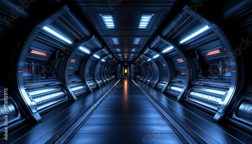 Futuristic Spaceship Corridor Design With Blue Lighting