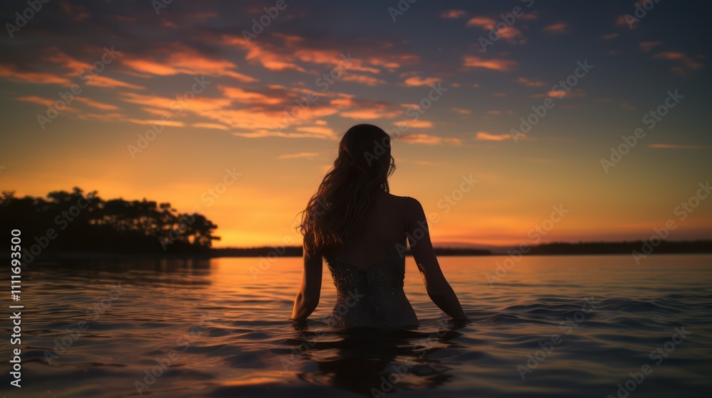 Fototapeta premium Evening Reflections: A Woman in Water at Sunset with Vibrant Colors and Calm Waters, Capturing the Essence of Peace and Tranquility