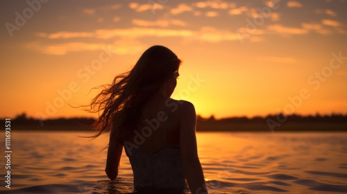 Moment of a Woman in Water at Sunset with Golden Reflections and Soft Waves Creating a Tranquil Atmosphere Ideal for Relaxation and Reflection