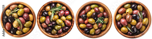 A wooden bowl filled with mixed olives in olive oil, top view