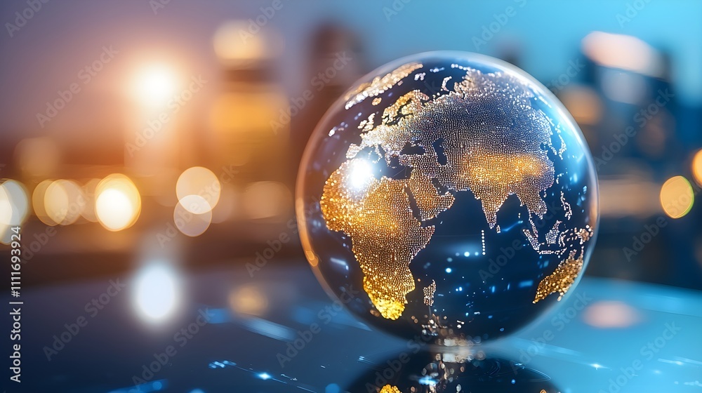 Detailed globe, sunlit surface with vivid colors, atmospheric glow