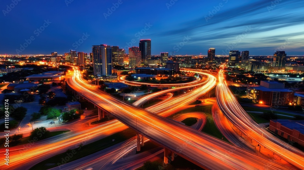 Stunning Aerial View of a Vibrant Cityscape with Illuminated Highways and Skyscrapers at Dusk Stunning Aerial View of a Vibrant Cityscape with Illuminated Highways and Skyscrapers at Dusk