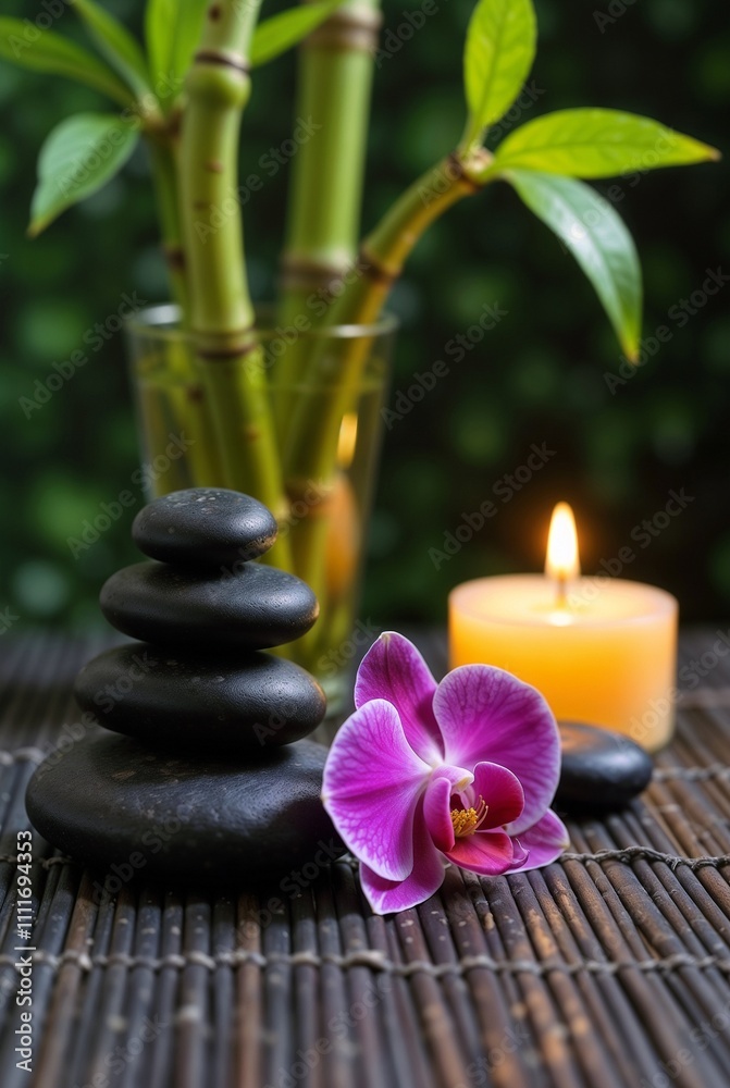 Smooth black basalt stones stacked in a pyramid formation on a dark bamboo mat. Next to the stones, position a vibrant orchid flower. Smooth black basalt stones stacked in a pyramid formation on a dark bamboo mat. Next to the stones, position a vibrant orchid flower.