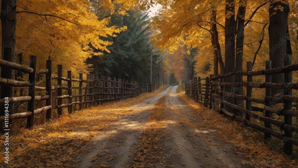 An autumn road surrounded by trees with yellow leaves, enclosed by a wooden fence, in soft sunlight An autumn road surrounded by trees with yellow leaves, enclosed by a wooden fence, in soft sunlight