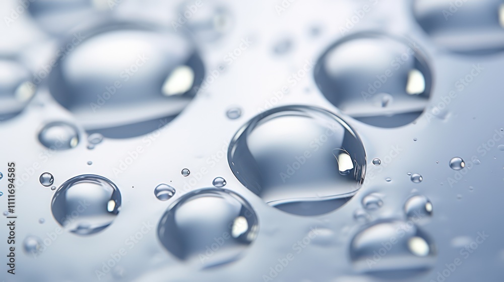 Close-Up View of Clear Water Droplets on Smooth Surface Reflecting Light, Creating Beautiful Patterns and Textures in a Calm and Serene Environment Close-Up View of Clear Water Droplets on Smooth Surface Reflecting Light, Creating Beautiful Patterns and Textures in a Calm and Serene Environment
