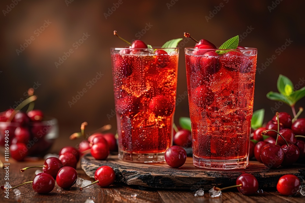 Two glasses of cherry soda with fresh cherries and mint leaves. Two glasses of cherry soda with fresh cherries and mint leaves.