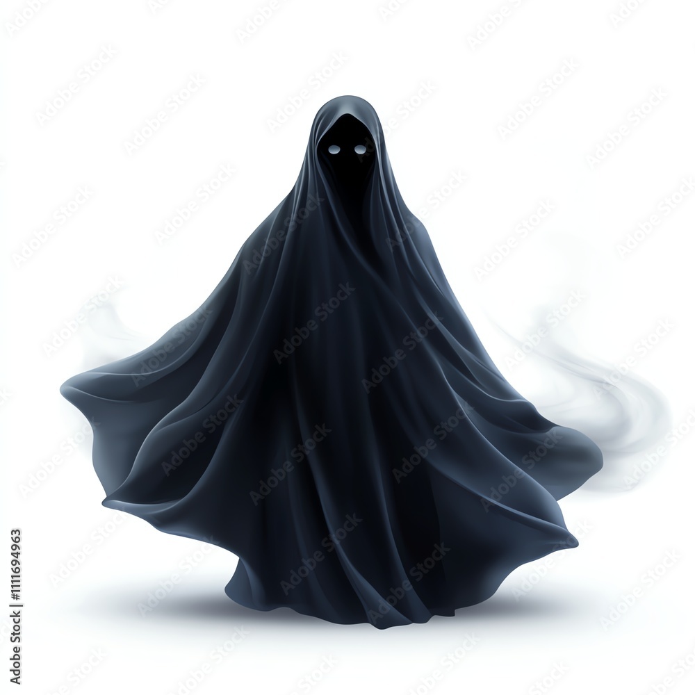 Mysterious ghostly figure in black cloak, white isolate background. Mysterious ghostly figure in black cloak, white isolate background.