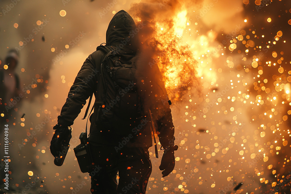 Burning fire, Molotov, protest of aggressive people in smoke, armed in mask at night. Burning cars, police with weapons. Burning fire, Molotov, protest of aggressive people in smoke, armed in mask at night. Burning cars, police with weapons.