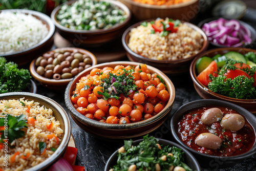 Delicious spread of Mediterranean dishes featuring fresh ingredients at a vibrant market