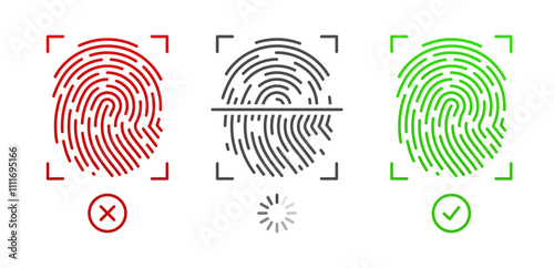Biometric fingerprint identification, vector illustration. Secure access to personal data. Positive and negative fingerprint scanning result.