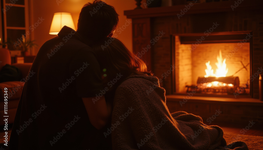 Couple hugging by fireplace wrapped in a blanket in warm light Couple hugging by fireplace wrapped in a blanket in warm light