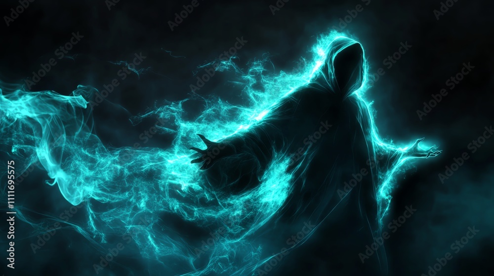 Ethereal figure in glowing blue mist against dark background, conveying a mystical aura. Ethereal figure in glowing blue mist against dark background, conveying a mystical aura.