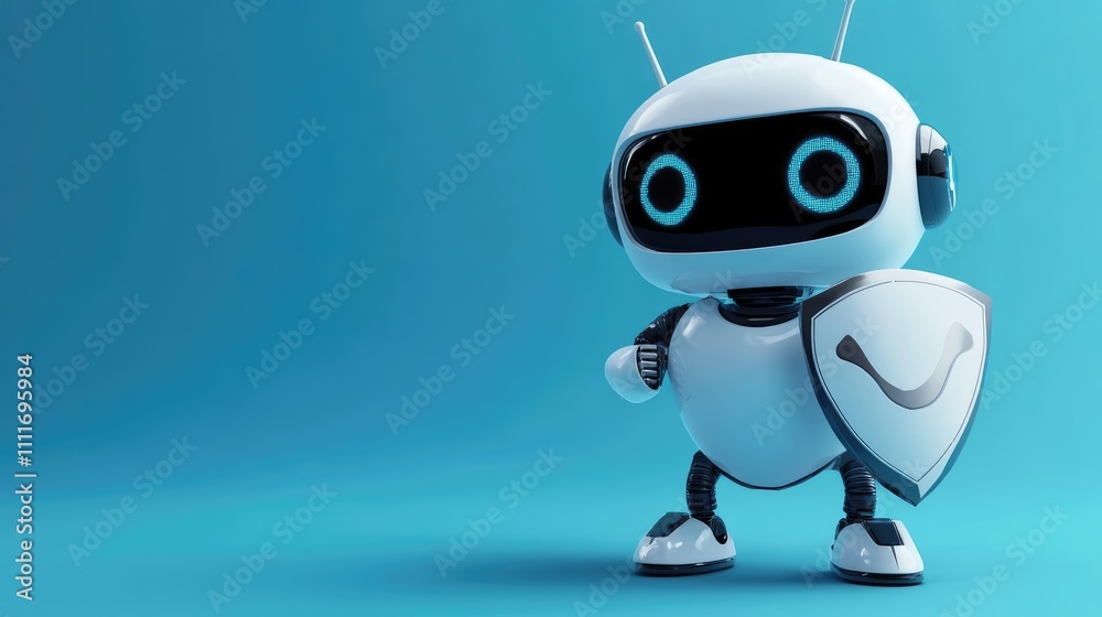 3D Rendering of Cute Robot Character Holding Shield on Blue Background 3D Rendering of Cute Robot Character Holding Shield on Blue Background