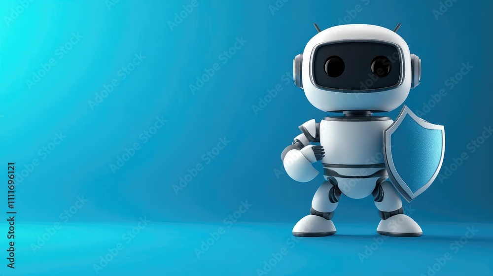 3D Rendering of Cute Robot Character Holding Shield on Blue Background 3D Rendering of Cute Robot Character Holding Shield on Blue Background