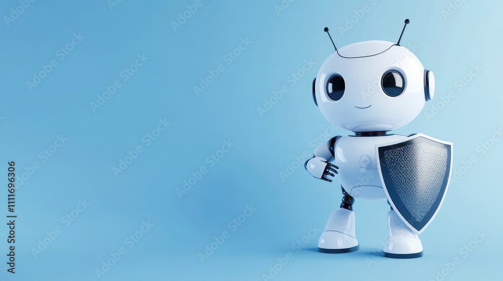 3D Rendering of Cute Robot Character Holding Shield on Blue Background 3D Rendering of Cute Robot Character Holding Shield on Blue Background
