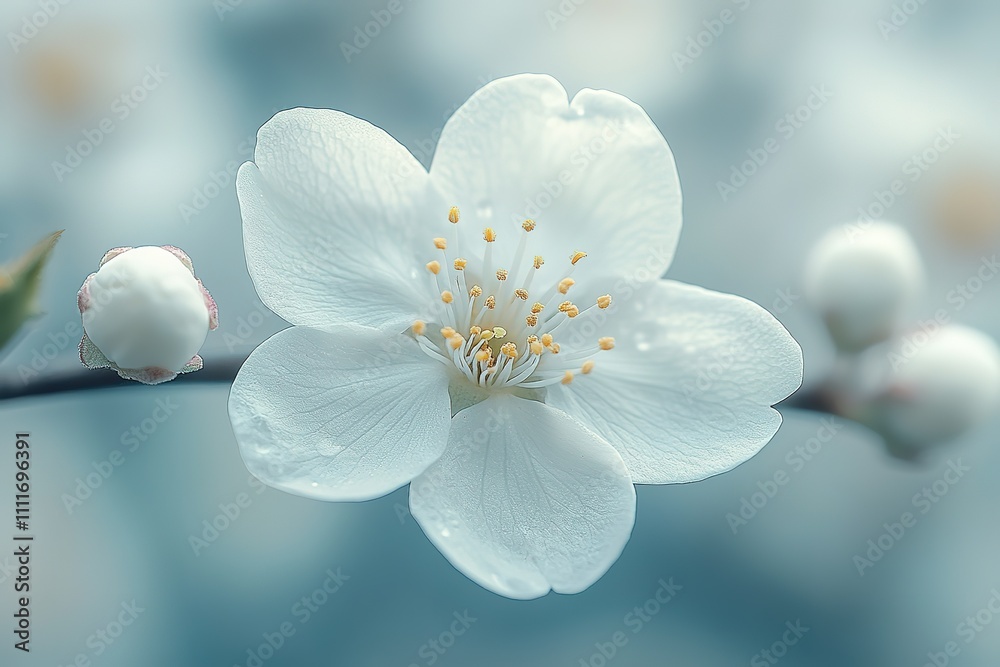 Obraz premium A delicate white flower with yellow center blooms on a branch, surrounded by buds against a soft blue background.