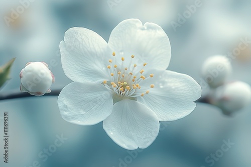 A delicate white flower with yellow center blooms on a branch, surrounded by buds against a soft blue background.