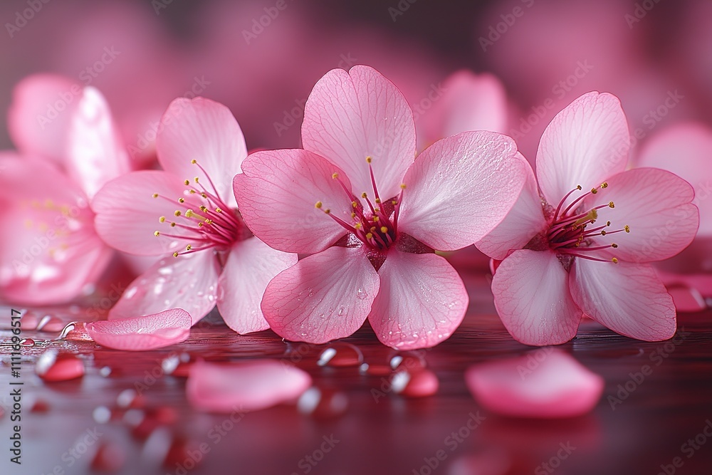 Obraz premium Delicate pink blossoms with water droplets on a dark background, a symbol of spring and new beginnings.