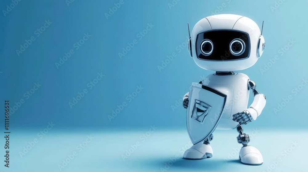 3D Rendering of Cute Robot Character Holding Shield on Blue Background 3D Rendering of Cute Robot Character Holding Shield on Blue Background