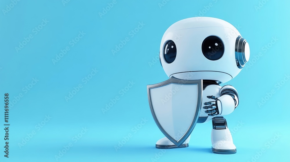 3D Rendering of Cute Robot Character Holding Shield on Blue Background 3D Rendering of Cute Robot Character Holding Shield on Blue Background