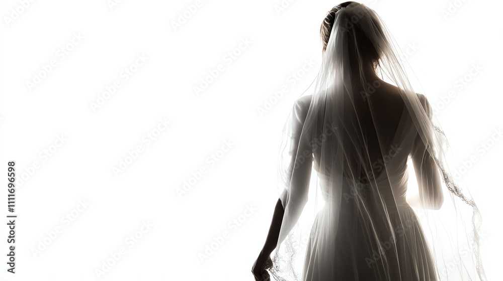 Silhouette of a bride in a wedding gown, elegant and ethereal, white isolate background Silhouette of a bride in a wedding gown, elegant and ethereal, white isolate background