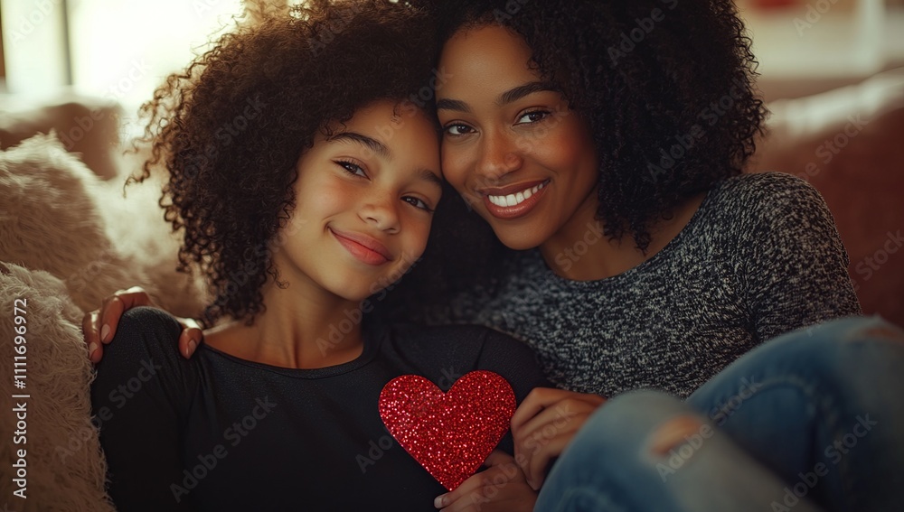Mother and Daughter Share a Loving Moment, Embracing Affectionately with a Glittery Heart, Displaying Unconditional Love. Mother and Daughter Share a Loving Moment, Embracing Affectionately with a Glittery Heart, Displaying Unconditional Love.