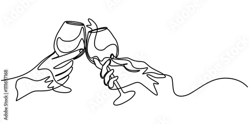 Hand drawn hands hold wine clinking glasses one line art,continuous drawing contour, Glass bottle with wine,port, alcohol. wine glass, continuous single line art drawing sketch, logo, hand with wine.