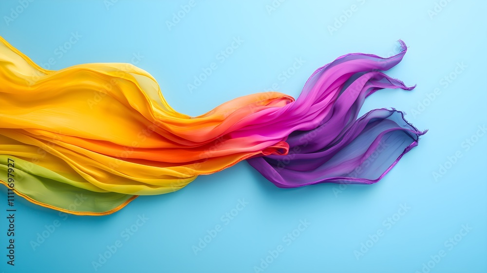 Fototapeta premium Flowing fabrics in rainbow colors, gentle breeze, against blue background