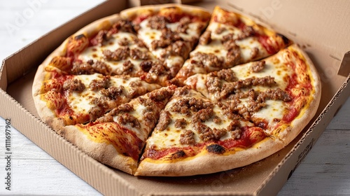 Delicious pizza with sausage topping in a takeout box on a wooden surface.