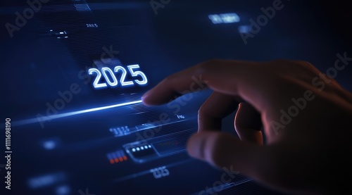 Pressing the Loading Button with "2025" Text on a Futuristic Digital Screen, New Year Concept with Glowing Blue Numbers