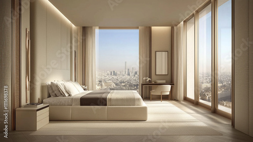 Modern bedroom with city view.