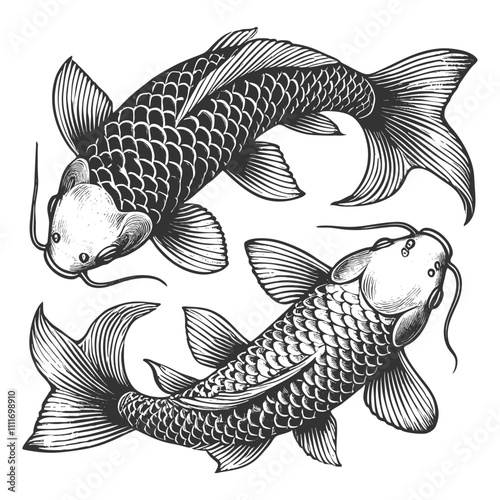 two koi fish swimming in a circular motion, with flowing fins and detailed scalessketch engraving generative ai vector illustration. Scratch board imitation. Black and white image.